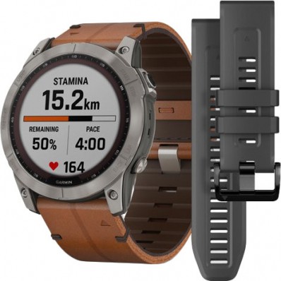 Смарт-годинник Garmin Fenix 7X Sapphire Solar Titanium w. Chestnut Leather Band (010-02541-19)